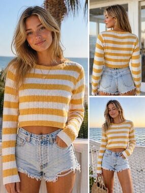 Yellow White Striped Crop Sweater Coastal Preppy Summer Nights Top XS S